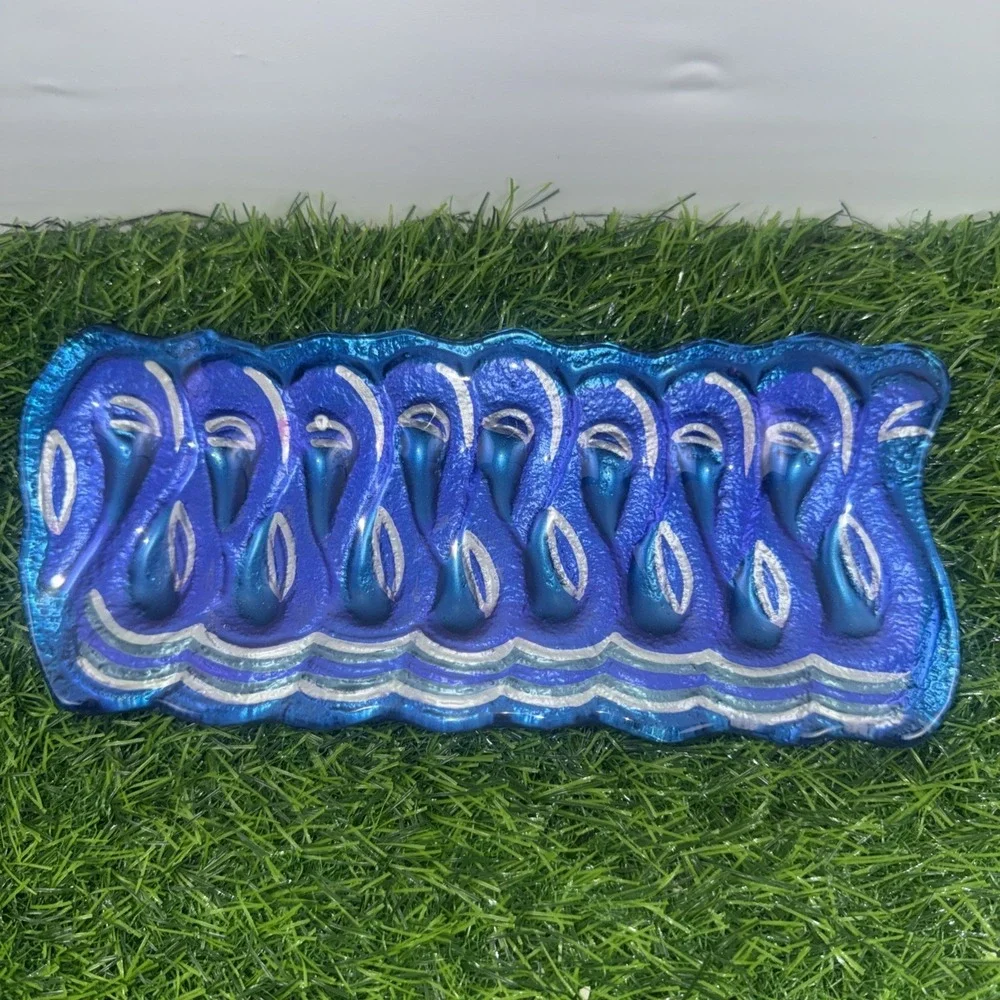 Fused Art Glass Ribbon Candy Tray Blue Magenta Silver Christmas Candy Dish Set